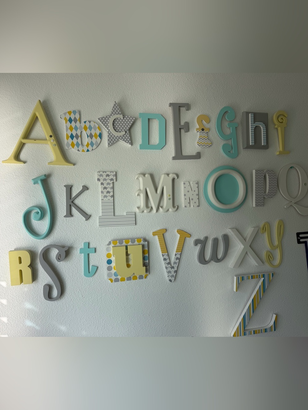 Decorative Alphabet Wall Letters in Teal, Yellow, Gray, White